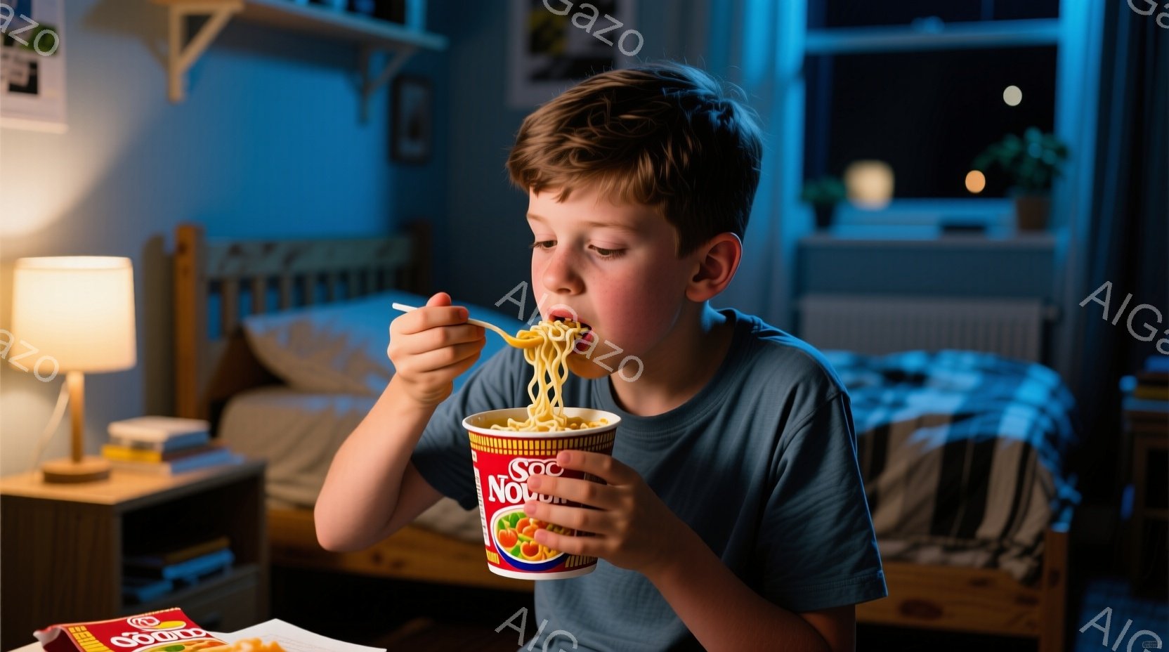 若い少年が、夜、寝室で即席麺を食べている。彼は青いTシャツを着ており、髪は短く、集中して麺をフォークで口に運んでいる。背景にはベッド、ナイトテーブル、そしてぼやけたポスターが見え、暖色系の照明が室内を照らし、親密で落ち着いた雰囲気を醸し出している。