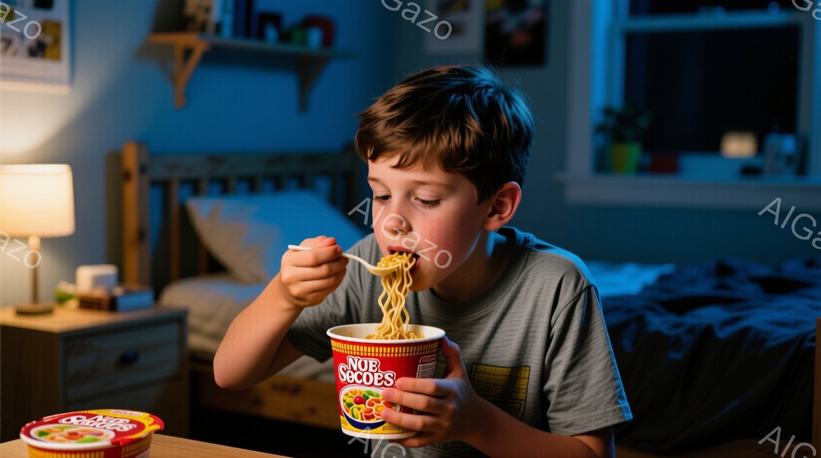 若い少年がテーブルに座り、インスタントラーメンをスプーンで食べている。彼は灰色のTシャツを着ており、短くカールした茶色の髪をしている。背景にはベッド、ナイトスタンド、そして薄暗い部屋の様子が見え、全体的にリラックスした雰囲気である。