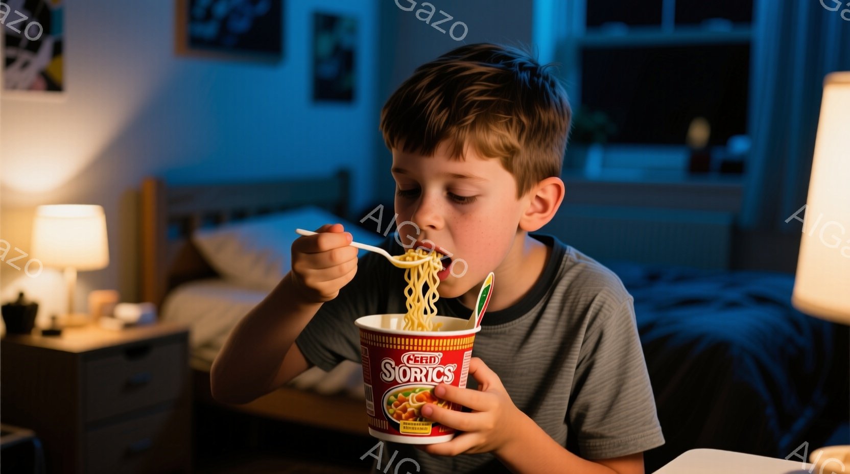 少年は、濃いグレーのTシャツを着て、カップラーメンを食べている。彼は前かがみになり、集中した表情でフォークを使って麺を口に運んでいる。背景には、ナイトテーブルとランプ、そしてぼやけた部屋の様子が見え、夜食を食べる家庭的な雰囲気が漂っている。