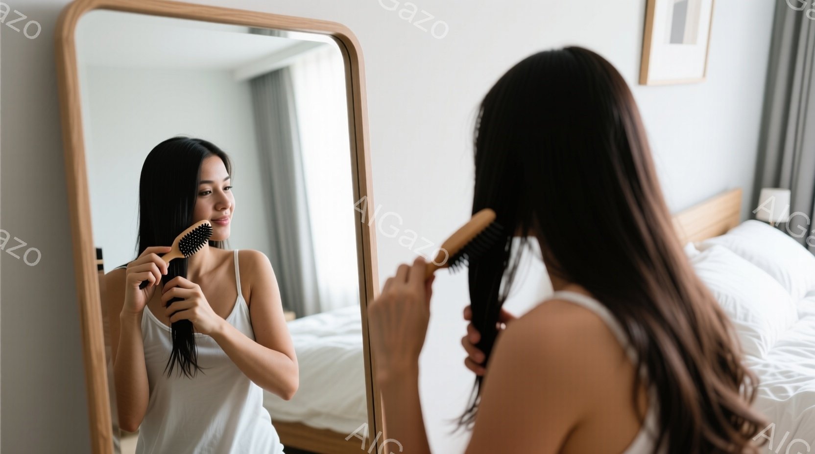 一人の女性が鏡の前で髪をとかしています。彼女はキャミソールを着ており、長い黒髪を後ろでまとめています。背景には白いベッドと白いカーテンが見え、部屋全体が明るく穏やかな雰囲気です。