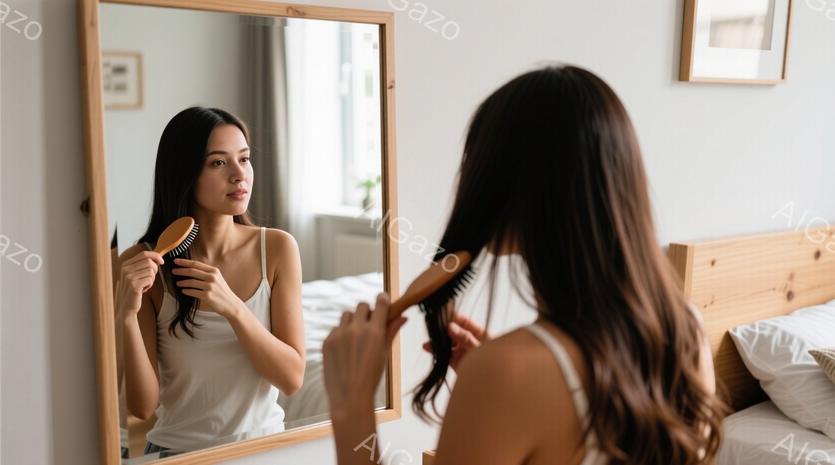 女性が鏡の前で髪をとかしている様子が写っている。彼女は白いキャミソールを着ており、長い髪は肩にかかっている。背景にはベッドと白い壁があり、部屋全体が明るく清潔で、リラックスした雰囲気が漂っている。