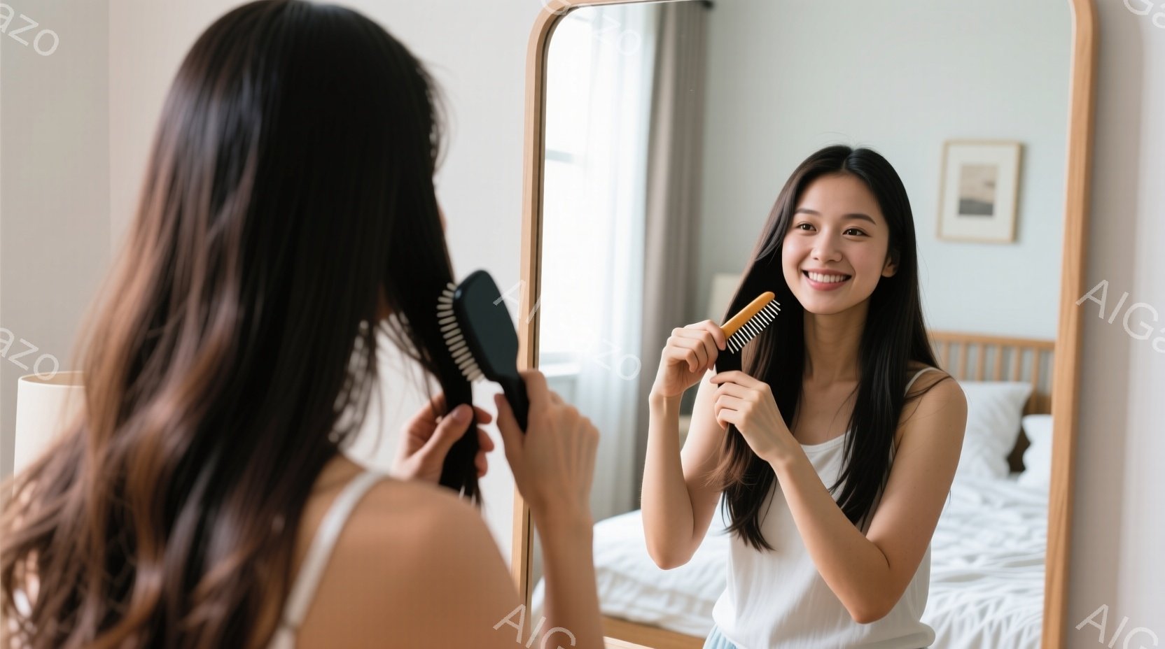 長い黒髪の女性が鏡の前で髪をとかしています。白いタンクトップとショーツ姿で、リラックスした表情で微笑んでいます。背景にはベッドと柔らかな光があり、温かく穏やかな雰囲気が漂っています。