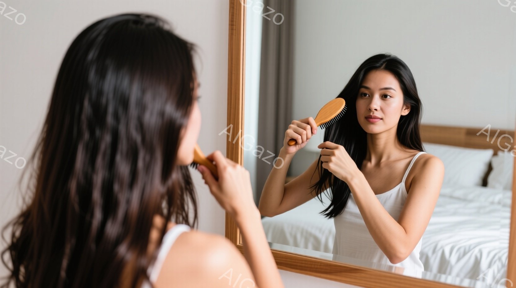 長い黒髪の女性が鏡の前で髪をとかしている様子が写っている。白いキャミソールを着ており、リラックスした表情で、鏡に映る自分を見つめている。背景には白いベッドがあり、明るく清潔な寝室の雰囲気が感じられる。