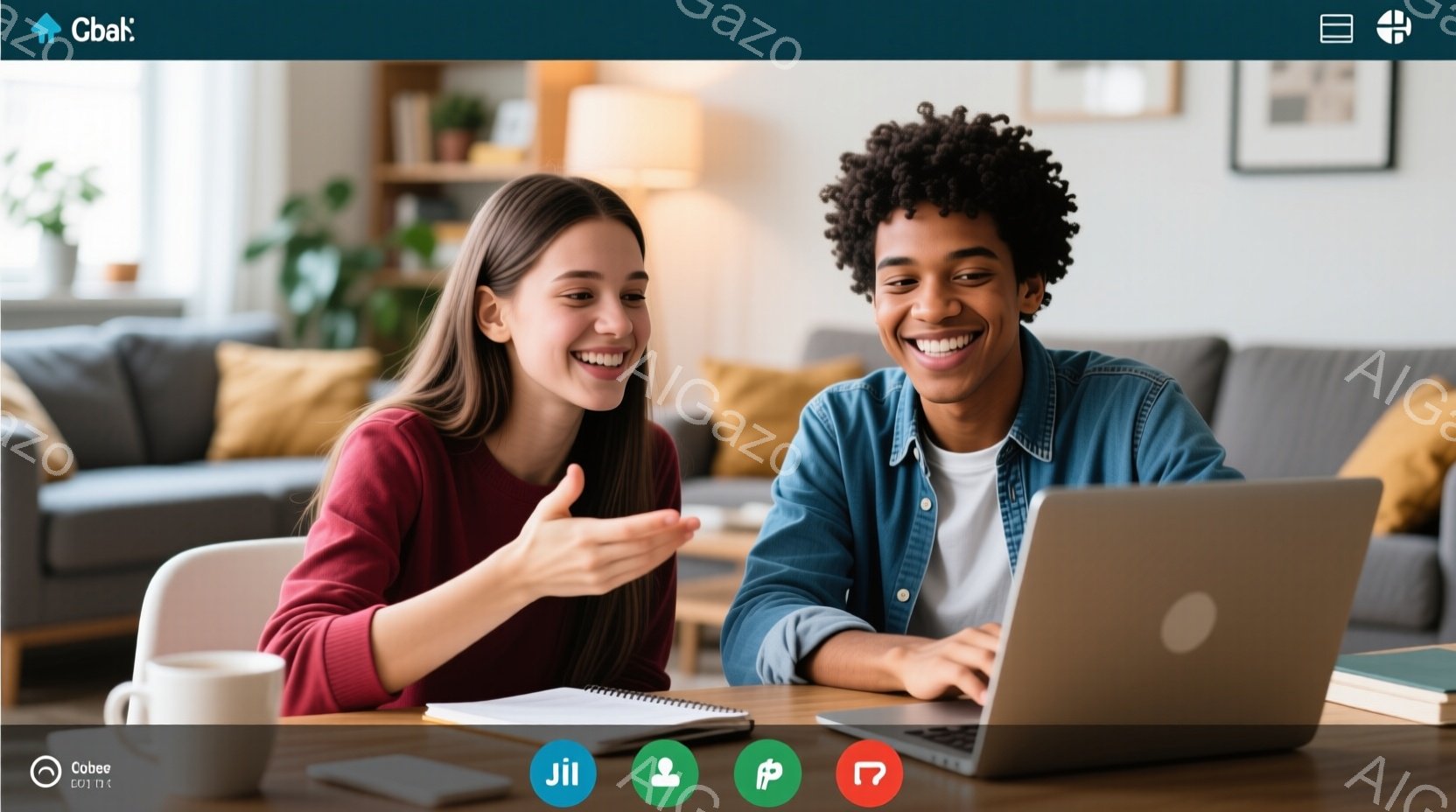 若い女性と男性がノートパソコンを前に座り、笑顔で会話しています。女性は赤色の長袖シャツを着ており、髪は肩まで伸びています。男性は青いジャケットと白いTシャツを着ており、カールした髪型です。