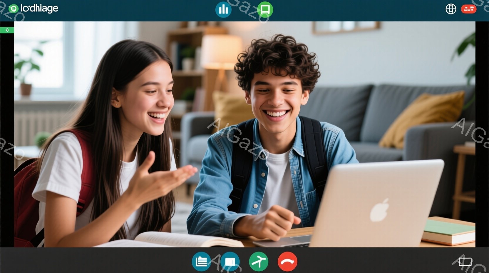 2人の若い学生が、明るいリビングルームでノートパソコンを見ながら楽しそうに話しています。女性は長い黒髪で、白いTシャツを着ていて、ジェスチャーを交えて笑顔を見せています。男性は巻き毛でデニムジャケット - AI生成フリー素材