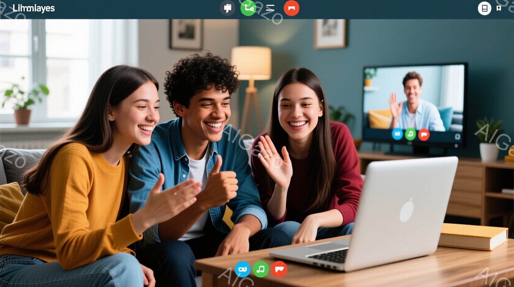 ソファに座った若い女性二名と男性一名が、開いたノートパソコンの画面を見ながらビデオ通話を楽しんでいる様子が写っている。女性はそれぞれ黄色と赤のトップスを着ており、男性は濃い青色のシャツを着ている。全員が笑顔で、女性の一人は手を振り、もう一人は親指を立てており、活気があり温かい雰囲気が感じられる。