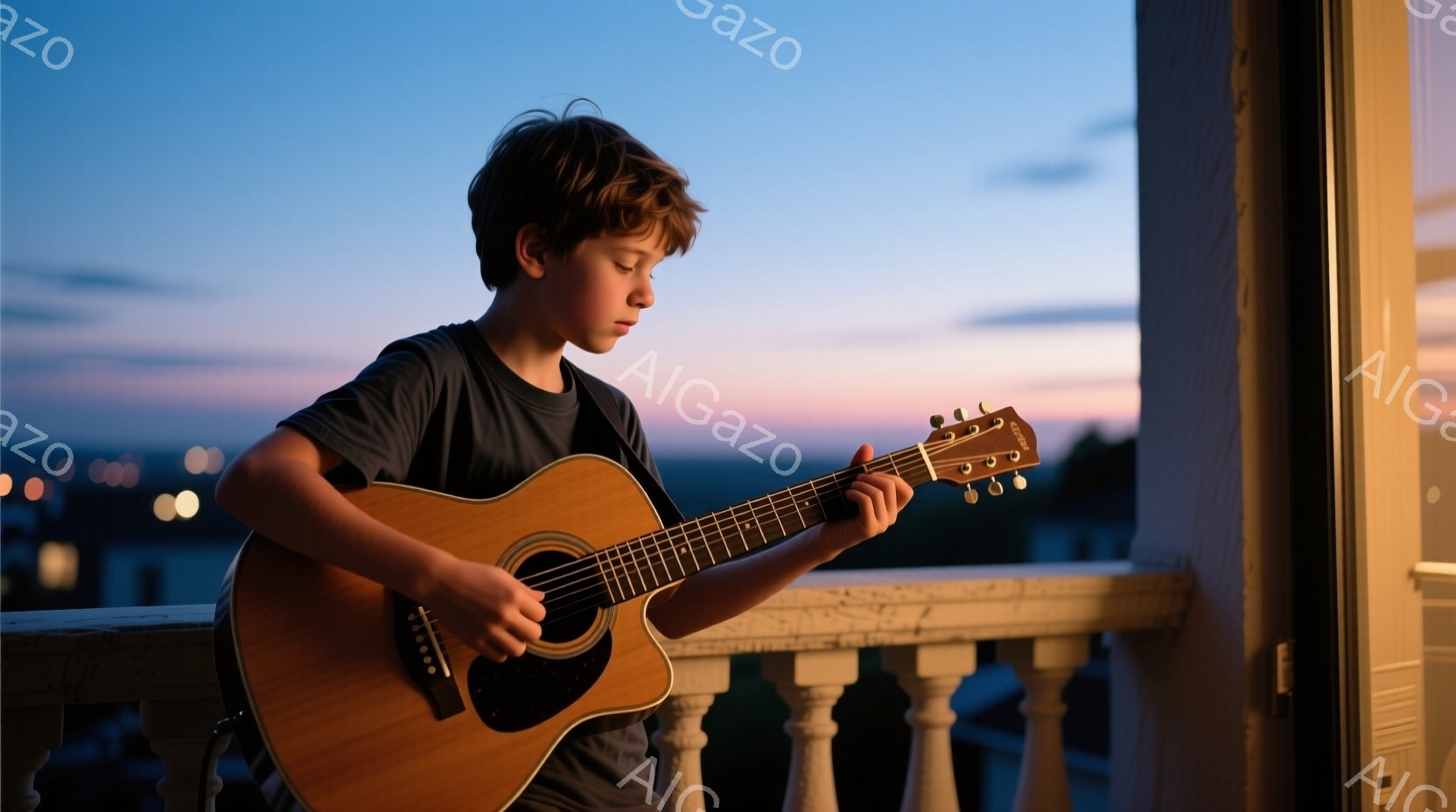 若い少年がギターを演奏している様子が捉えられている。彼は濃いグレーのTシャツを着ており、少しカールした茶色の髪をしている。背景には夕暮れ時の街並みが広がり、オレンジと紫が混ざり合った空が穏やかな雰囲気を醸し出している。