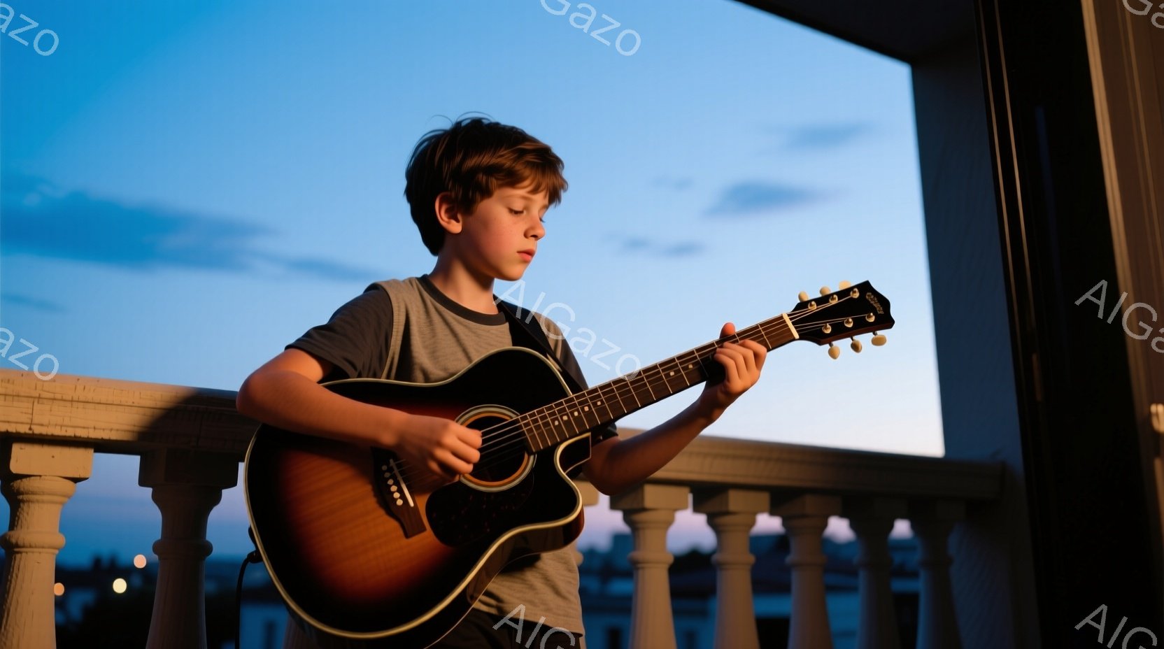 若い少年がバルコニーでアコースティックギターを演奏している。彼はグレーのTシャツを着ており、茶色の髪は少し無造作に整えられている。背景には夕暮れ時の空と、ぼやけた街並みが広がっており、穏やかでノスタル - AI生成フリー素材