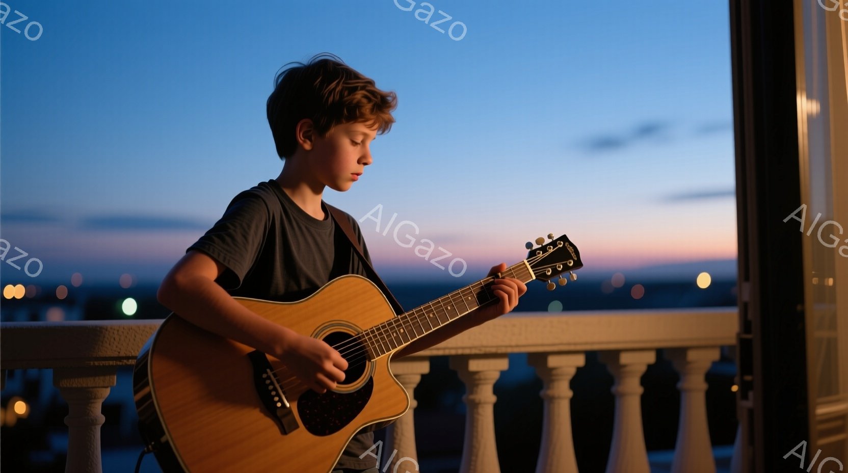 少年はバルコニーの手すりに寄りかかり、アコースティックギターを演奏しています。彼は濃いグレーのTシャツを着ており、髪は少しカールして無造作にセットされています。背景には夕暮れ時の都市の風景が広がり、オレンジと青が混ざり合った空が穏やかな雰囲気を醸し出しています。