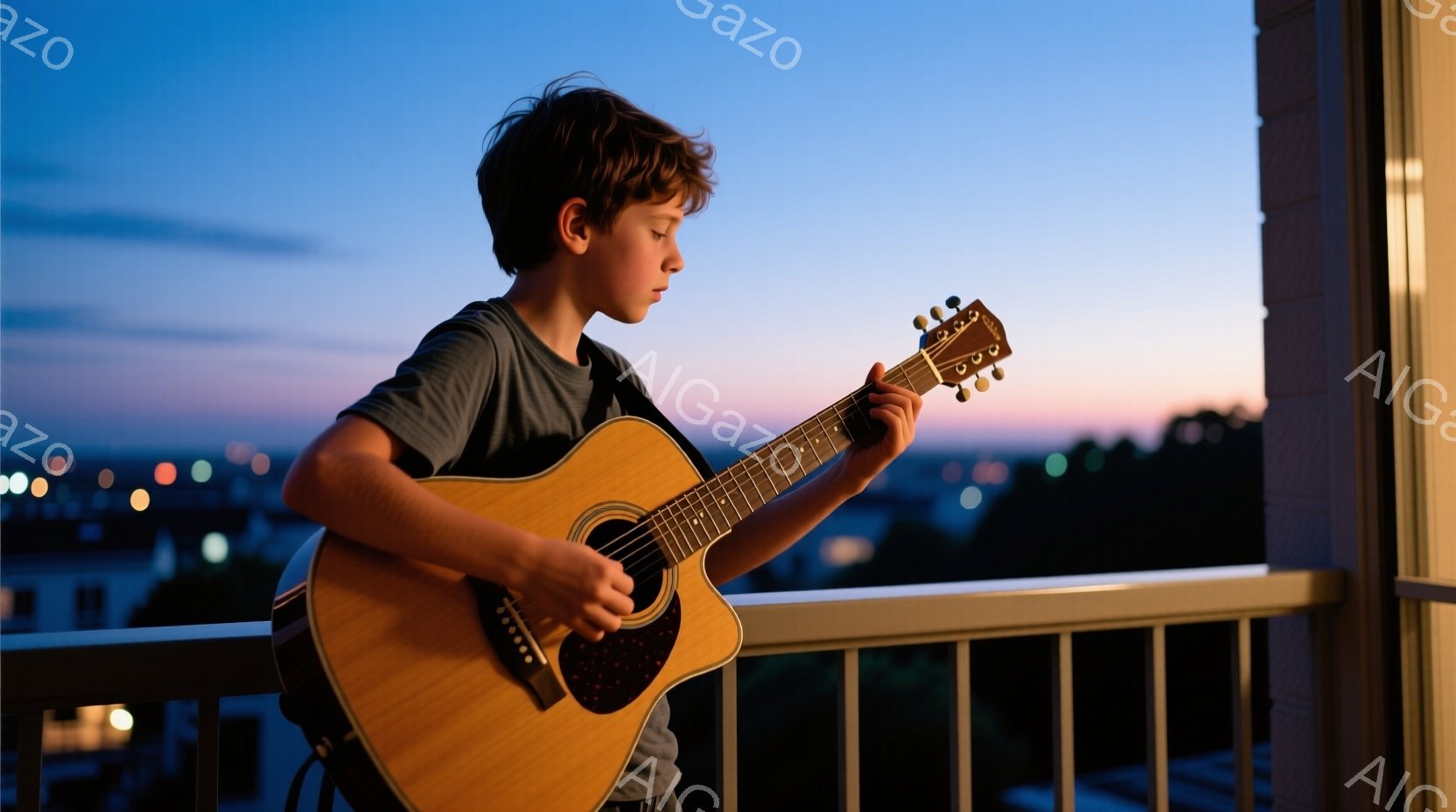 少年はギターを弾いており、濃い茶色の髪は少し無造作に整えられている。彼はグレーのTシャツを着ており、集中した表情で弦を押さえている。背景には、夕暮れ時の街並みが広がり、オレンジと紫が混ざり合った空が、 - AI生成フリー素材