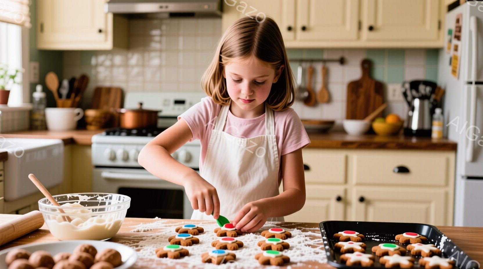 金髪を三つ編みにした少女が、エプロンをつけてキッチンでクッキーのデコレーションをしている。彼女は集中した表情で緑色のアイシングをクッキーに丁寧に塗っている。背景には、調理器具や食器が並んだキャビネット、ステンレス製のオーブンがあり、温かく明るい家庭的な雰囲気が漂っている。