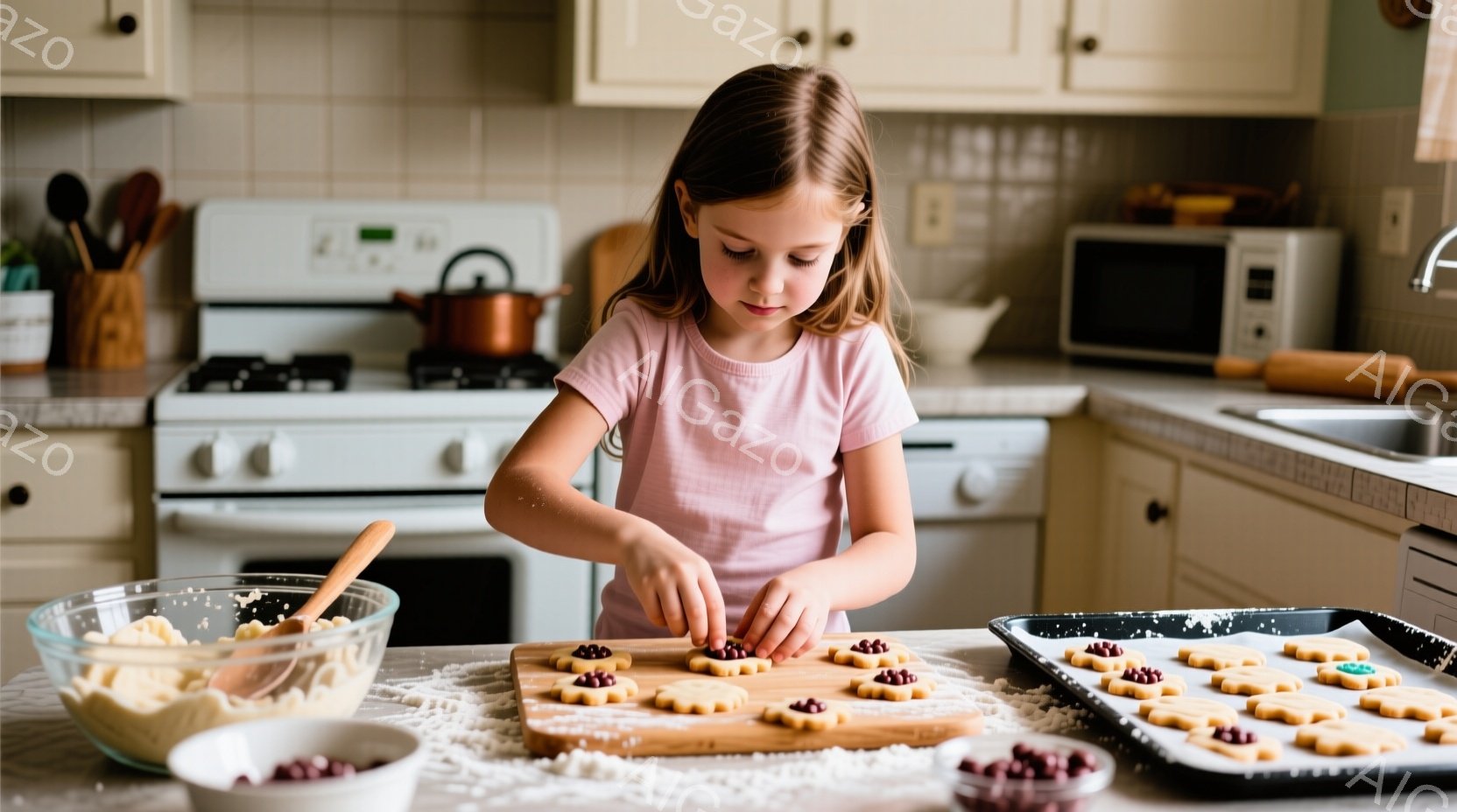 金髪の少女が、キッチンでクッキーに何かを飾り付けています。ピンク色のTシャツを着ており、集中した表情で小さなものをピンセットでクッキーに乗せています。背景には白いキャビネットや調理器具があり、温かみの - AI生成フリー素材
