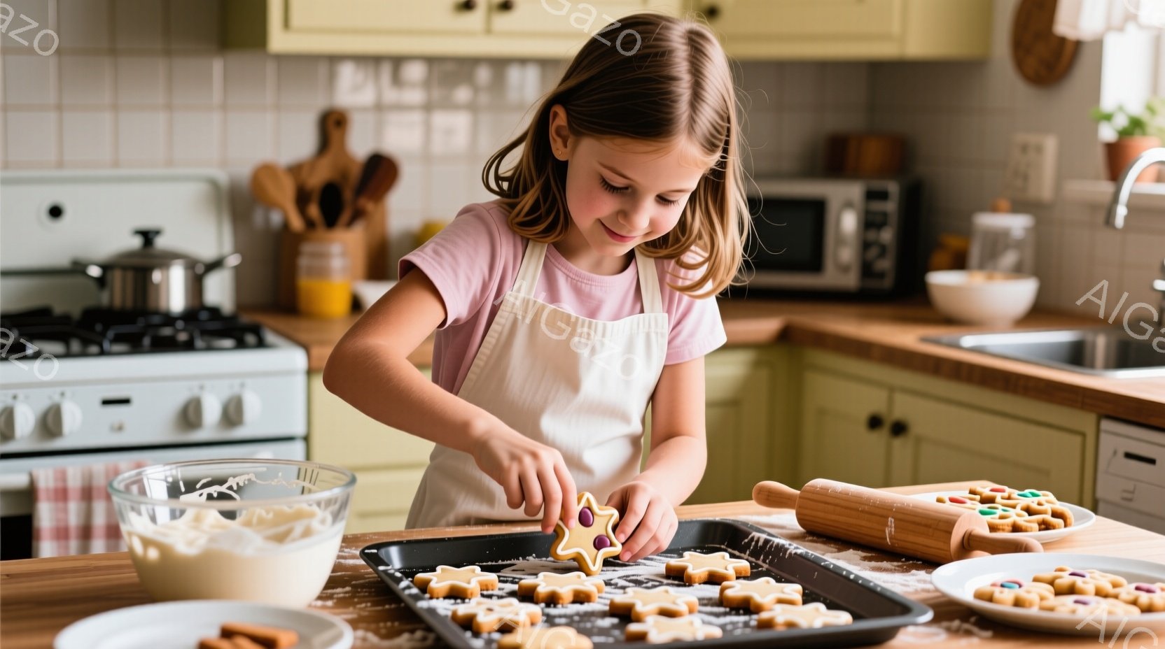 茶髪の女の子がエプロンをつけて、キッチンで星形のクッキーにアイシングを塗っています。彼女は微笑んでおり、集中した表情で丁寧に作業に取り組んでいます。背景には、明るい色のキャビネット、調理器具、オーブンなどがあり、温かく心地よい家庭的な雰囲気が漂っています。