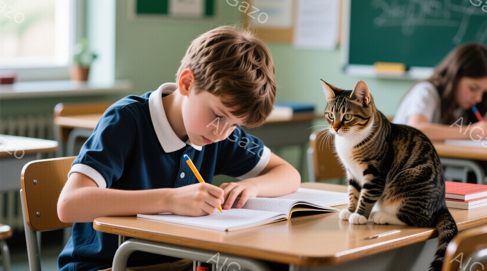 茶色の髪の少年が授業でノートに集中して書き込みをしている。青いポロシャツを着ており、真剣な表情で鉛筆を握っている。背景には他の生徒や黒板が見え、教室の穏やかな雰囲気が伝わる。 - AI生成フリー素材