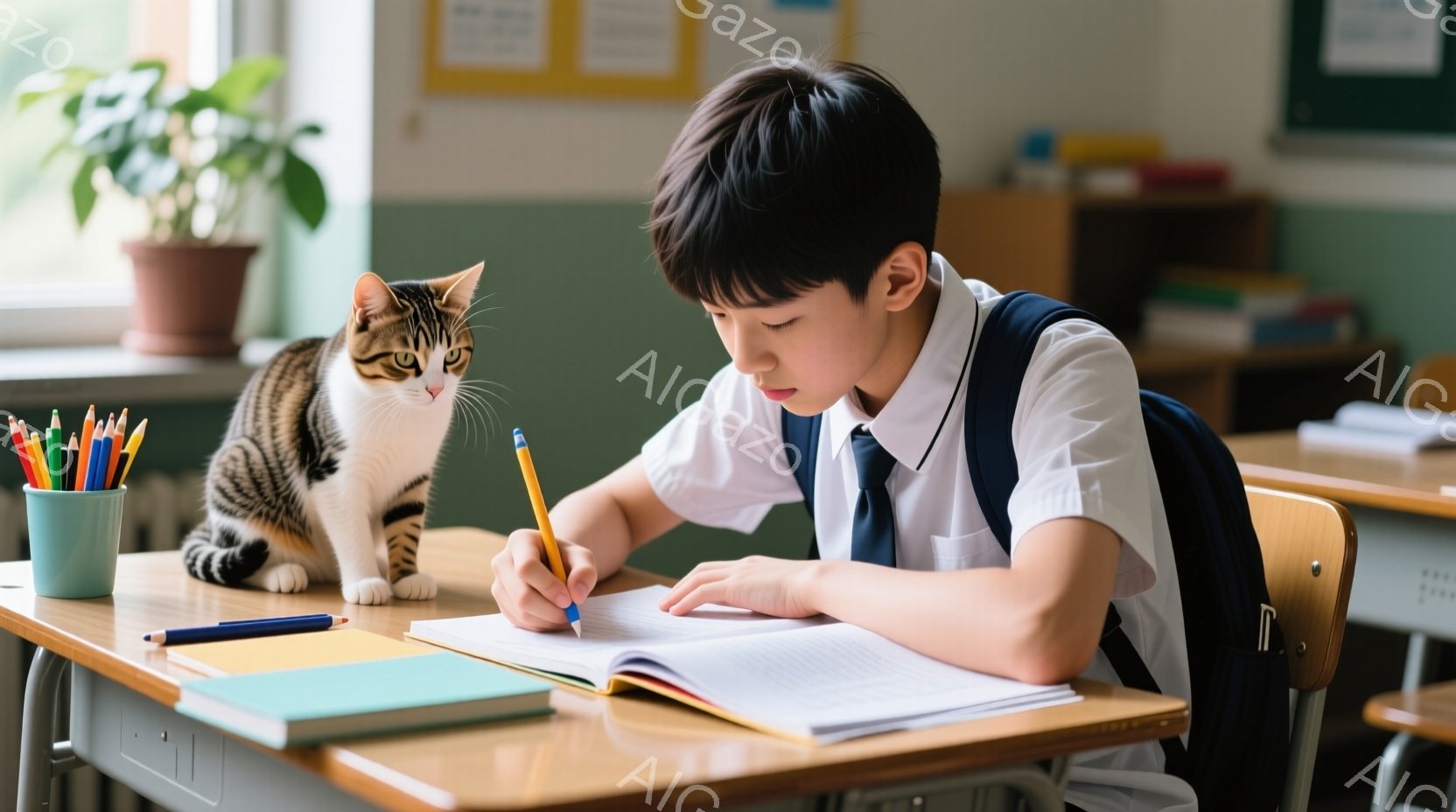 茶色と黒の縞模様の猫が、机の上に座って前を見つめています。少年は制服を着て、鉛筆でノートに何かを書き込んでおり、集中した表情をしています。教室の中は明るく、背景には植物や他の机が見え、学習に集中できる穏やかな雰囲気です。
