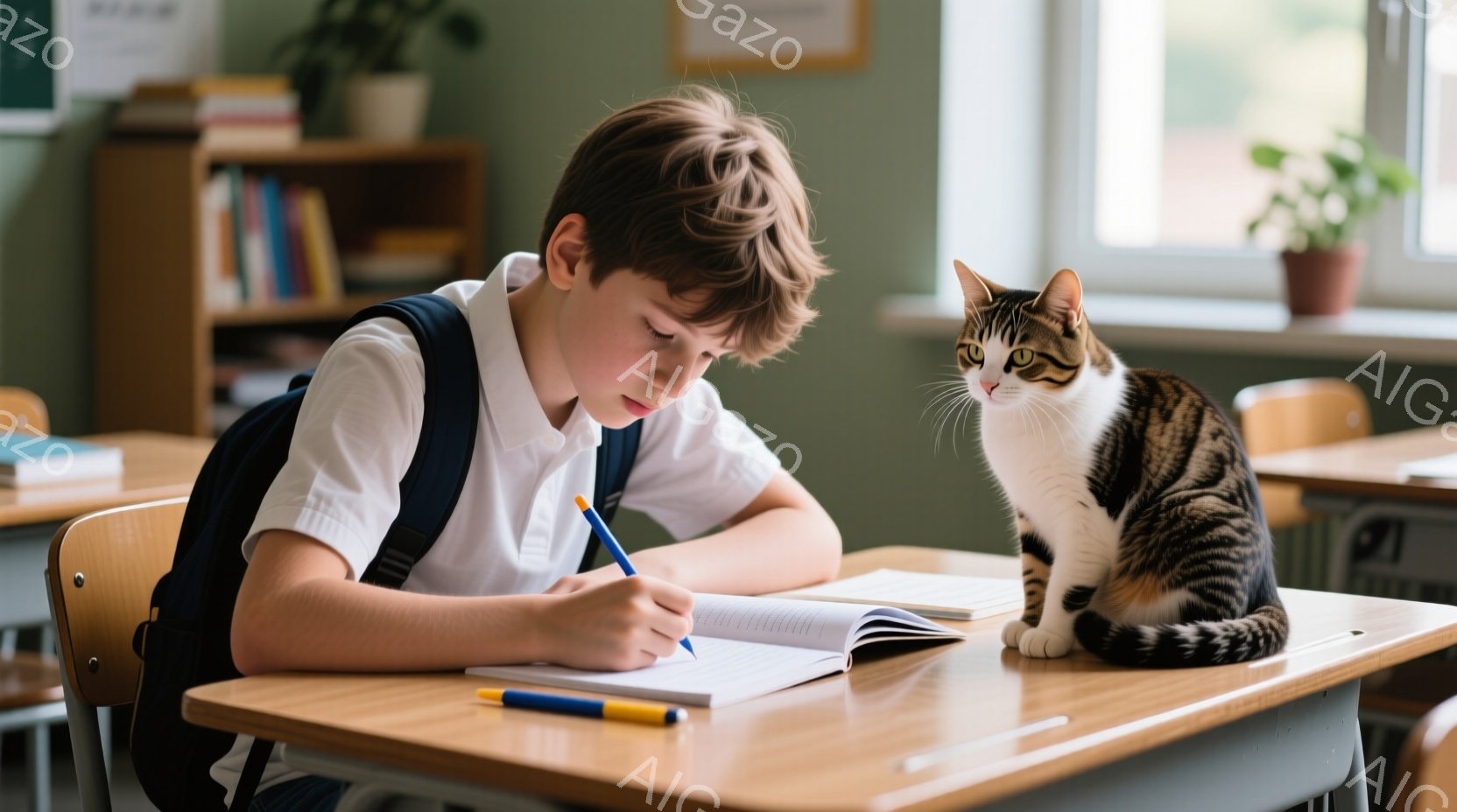 茶色の髪の少年が机に向かって書き込みをしている。白いシャツに濃い青色のベストを着ており、集中した表情でノートに何かを書き込んでいる。背景には木製の机と椅子が並び、棚には本が並べられている。 - AI生成フリー素材
