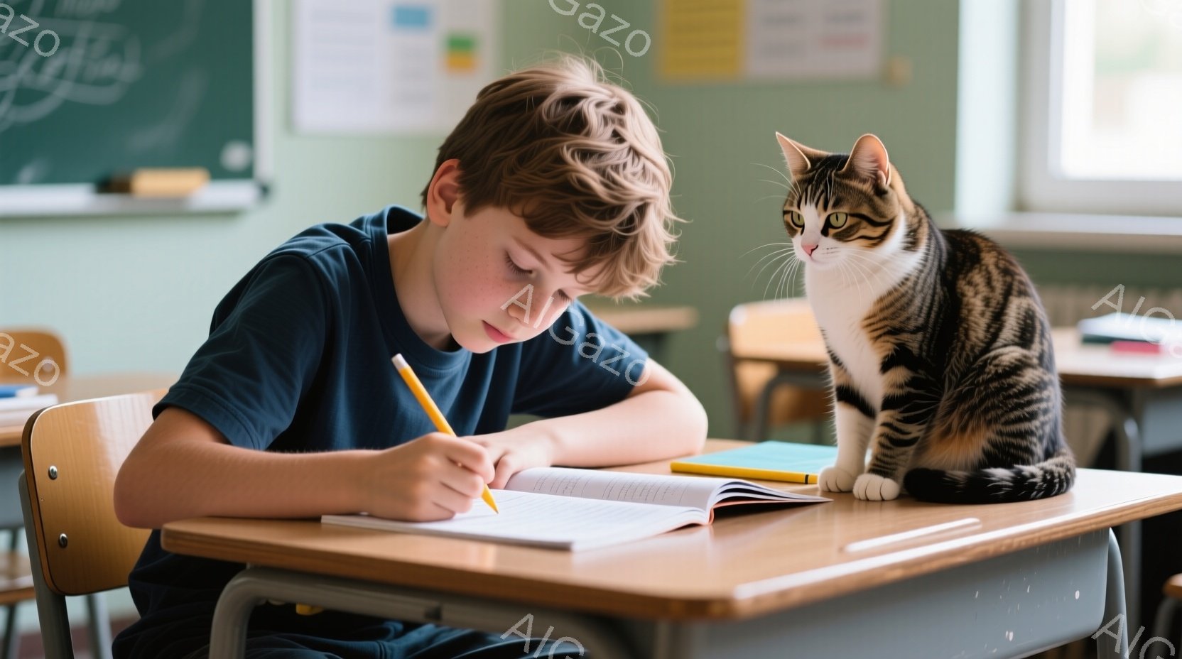 茶髪の少年が机に向かい、鉛筆でノートに書き込んでいる。少年は紺色のTシャツを着ており、集中した表情で下を見ている。背景には教室の黒板と木製の机が並び、白黒模様の猫が少年が座っている机の上に座って、こちらを見ている。
