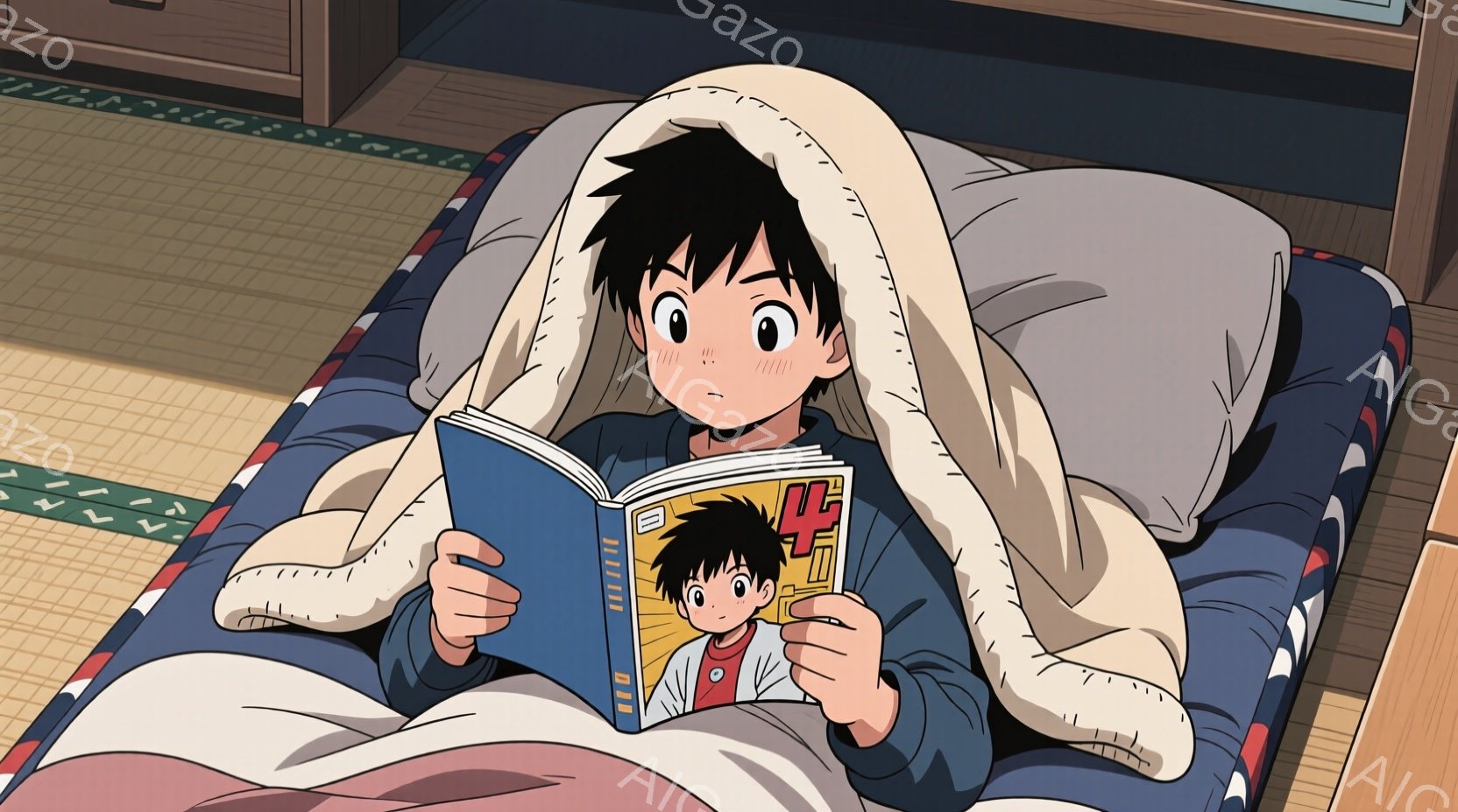 男の子は青いセーラー服を着て、畳の部屋で毛布にくるまって本を読んでいます。彼の髪は黒く、短く整えられており、頬は少し赤らんでいます。背景にはシンプルな部屋の一部が見え、全体的に穏やかでリラックスした雰囲気が漂っています。