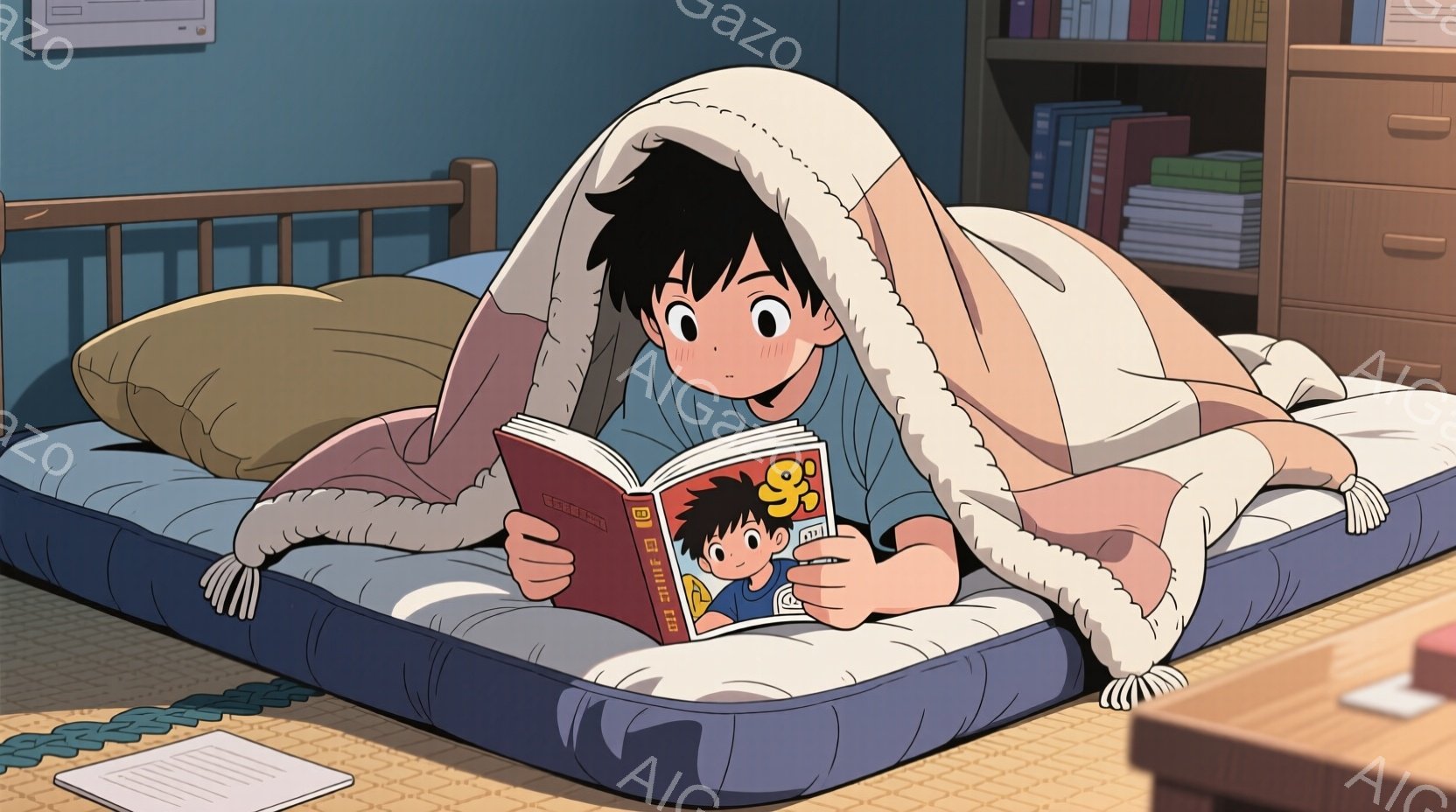 男の子はベッドに横たわり、毛布にくるまって本を読んでいます。彼は茶色の髪で、真剣な表情で本に集中しており、赤いシャツと短パンを着ています。背景には本棚やベッドサイドテーブルがあり、部屋は落ち着いた雰囲気で、読書に最適な環境を示唆しています。