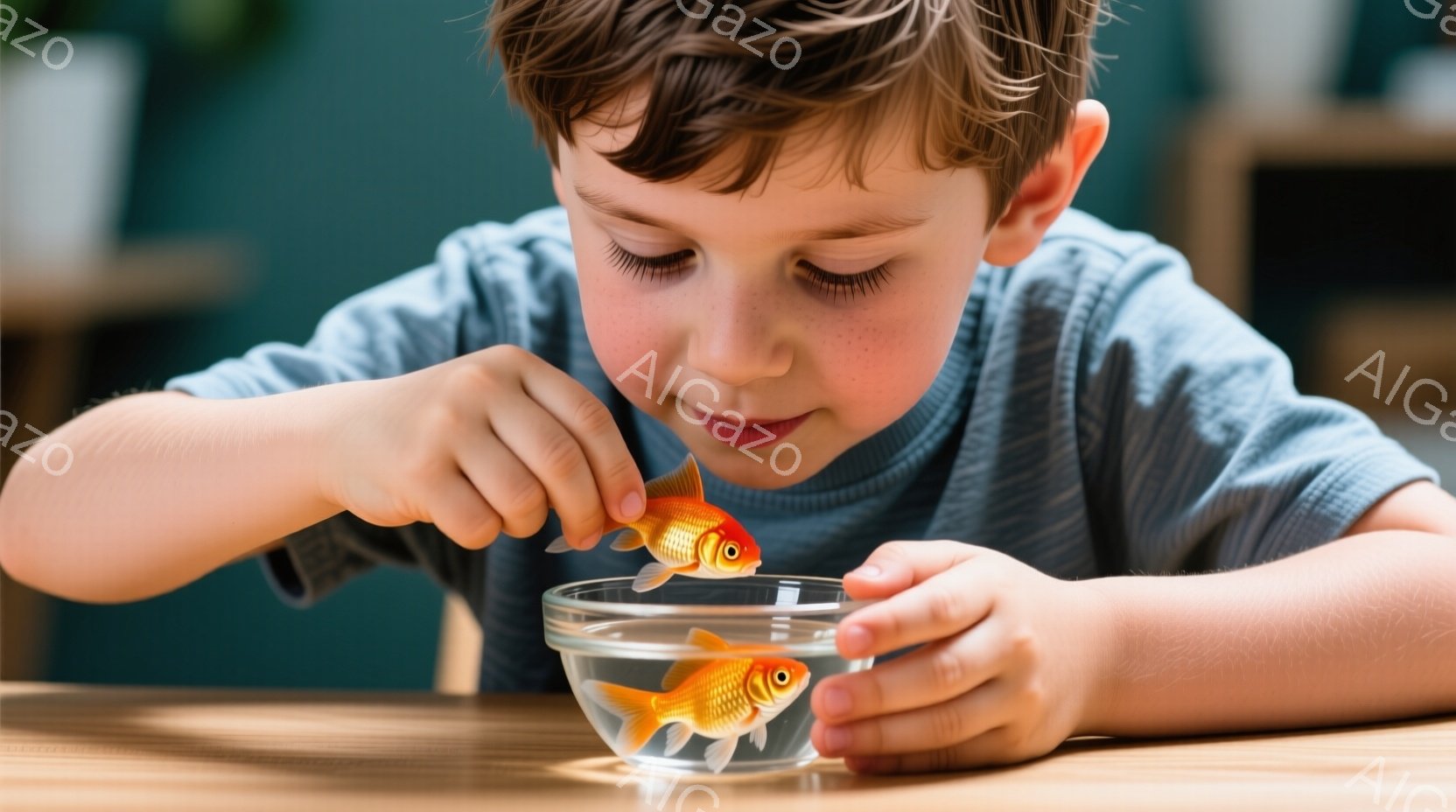 金髪の少年が、テーブルの上に置かれた小さな水槽の中の金魚を注意深く見つめています。少年は水色のTシャツを着ており、集中した表情で、金魚にそっと触れようとしています。背景はぼやけていますが、木製のテーブ - AI生成フリー素材