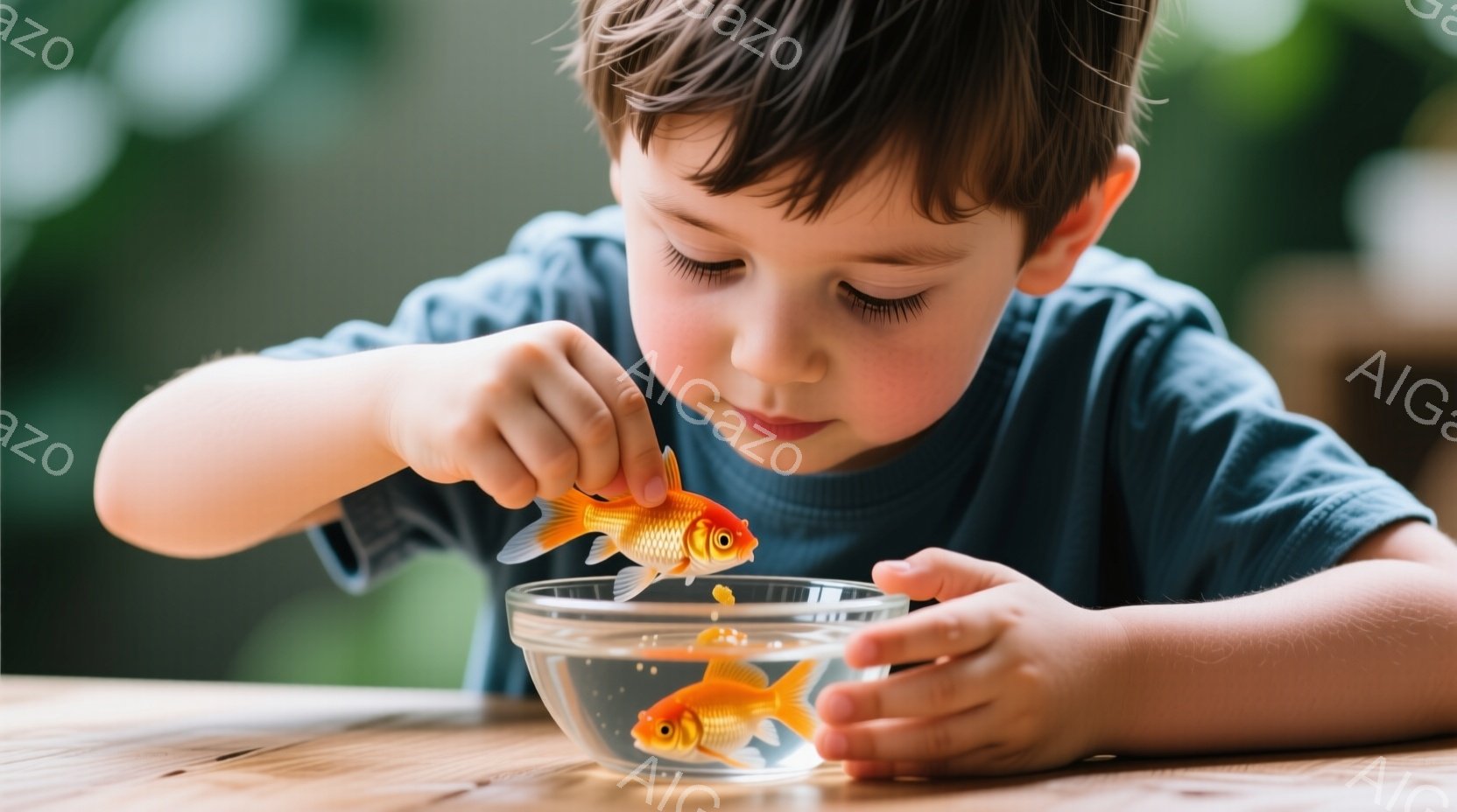 金髪の少年が、透明なボウルの中の金魚を手に持とうとしています。少年は青いTシャツを着ており、集中した表情で金魚を見つめています。背景はぼやけていますが、木製のテーブルと植物が見え、温かく穏やかな雰囲気 - AI生成フリー素材