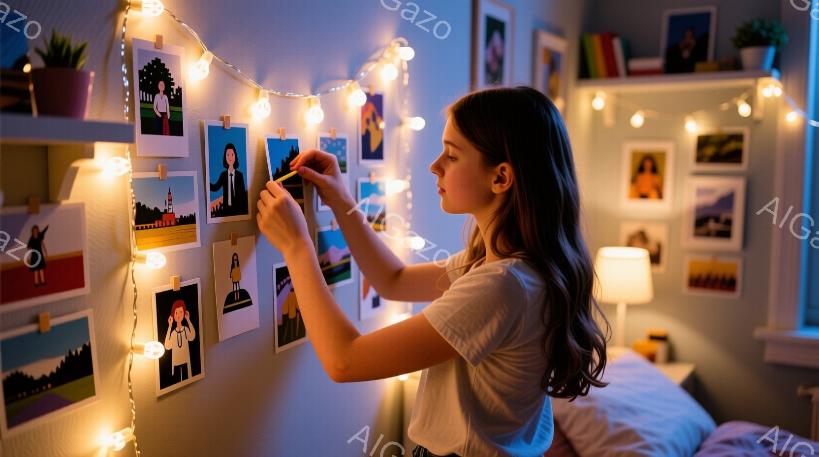 長い茶色の髪をした若い女性が、壁に飾られた写真にピンを刺しています。白いTシャツを着ており、リラックスした雰囲気で穏やかな表情をしています。背景には、本棚やベッドがあり、暖かい光のストリングライトが飾られた、居心地の良い寝室の様子が伺えます。