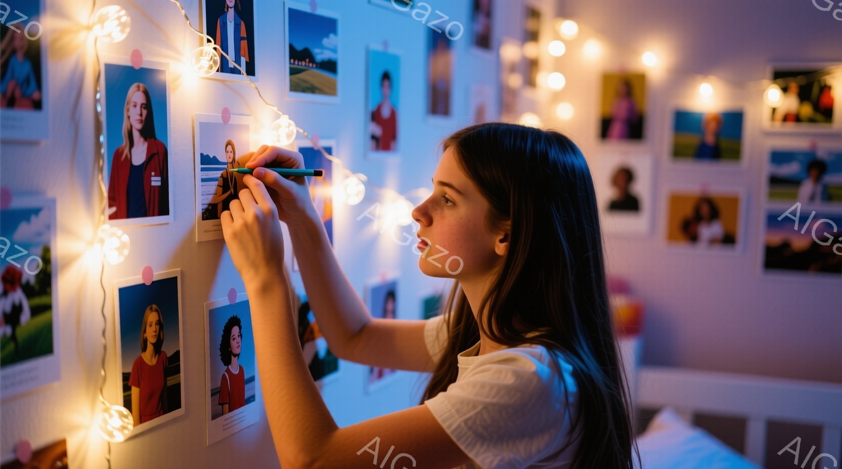 長い茶色の髪の女性が、壁に貼られた写真にピンで飾り付けをしている様子が写っている。白いTシャツを着ており、集中した表情でピンを写真に留めている。背景には、様々な人物や風景写真が飾られ、壁には電飾が飾られ、居心地の良い雰囲気を作り出している。