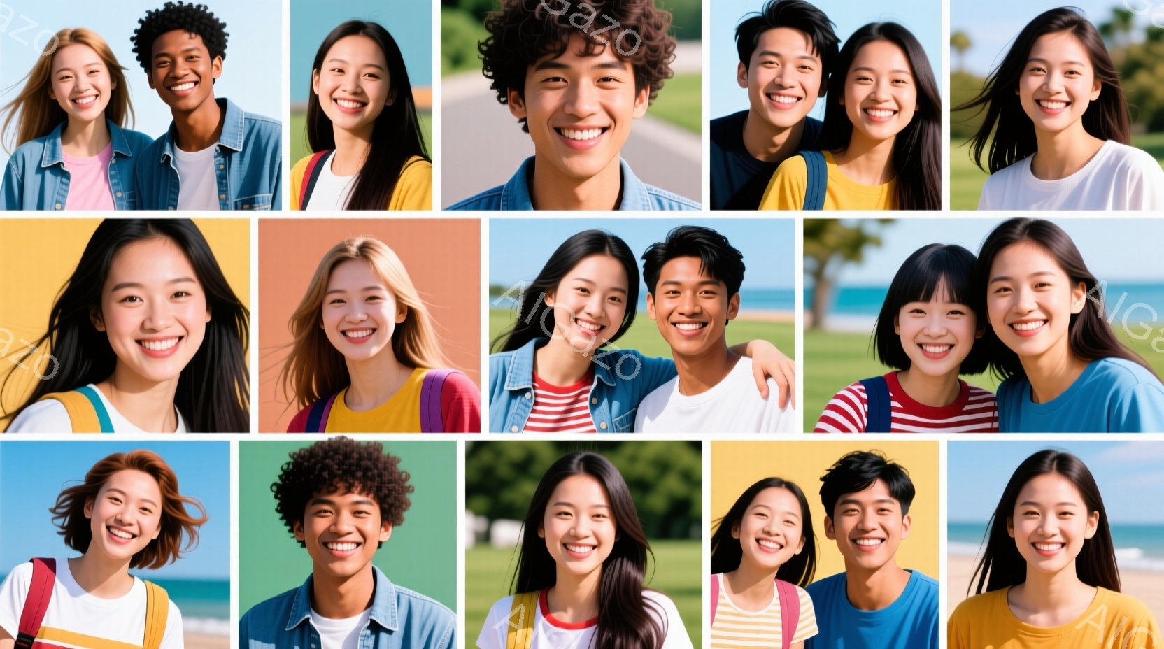 様々な人々のポートレートのコラージュです。登場人物は皆笑顔で、カジュアルな服装をしています。背景にはビーチや自然が見え、全体的に明るく、友好的な雰囲気が漂っています。