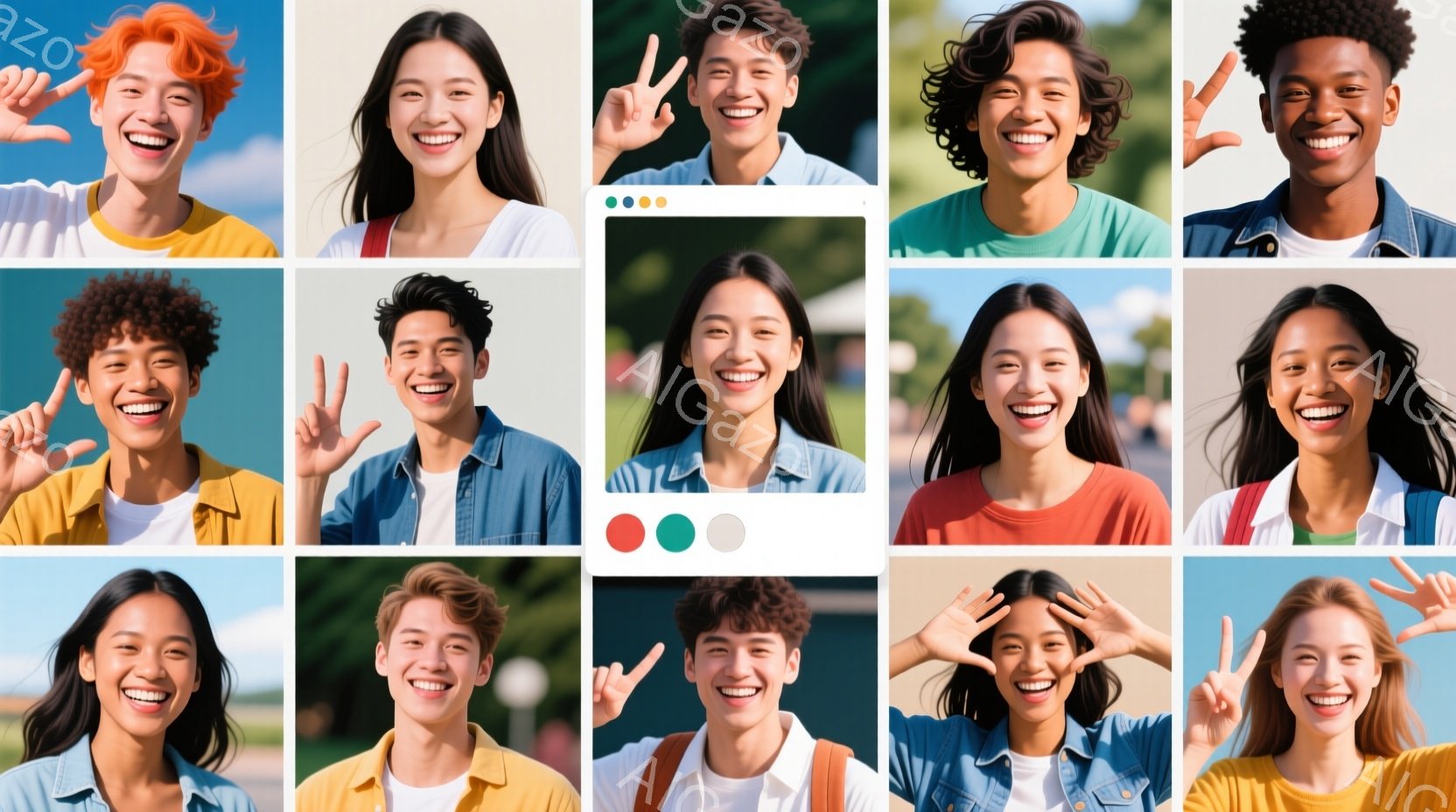 多様な人々のポートレートを並べたものです。それぞれが明るい表情で、様々な服装をしています。背景は青空で、全体的にポジティブでエネルギッシュな雰囲気が漂っています。