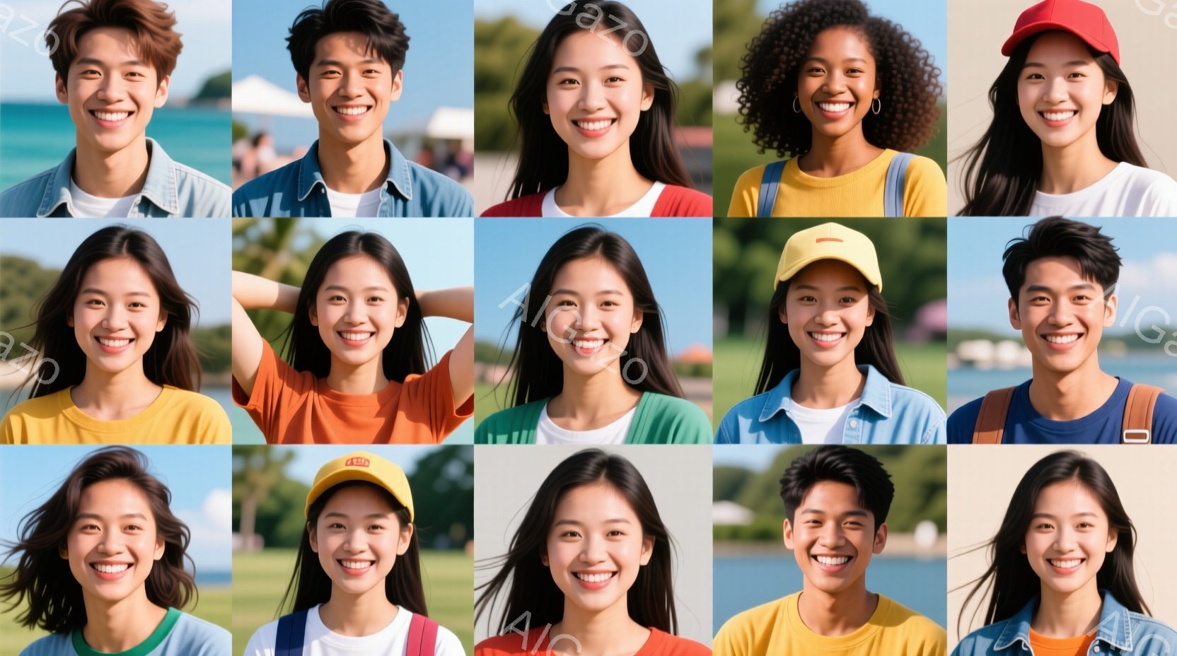 様々な人種と年齢の、笑顔のポートレートが並んだコラージュです。被写体は皆カジュアルな服装で、Tシャツやジャケットを着用しており、背景には緑豊かな公園や青い空がぼやけて見えます。 全体的に明るく、親しみやすい雰囲気で、多様性と幸福感を表しています。