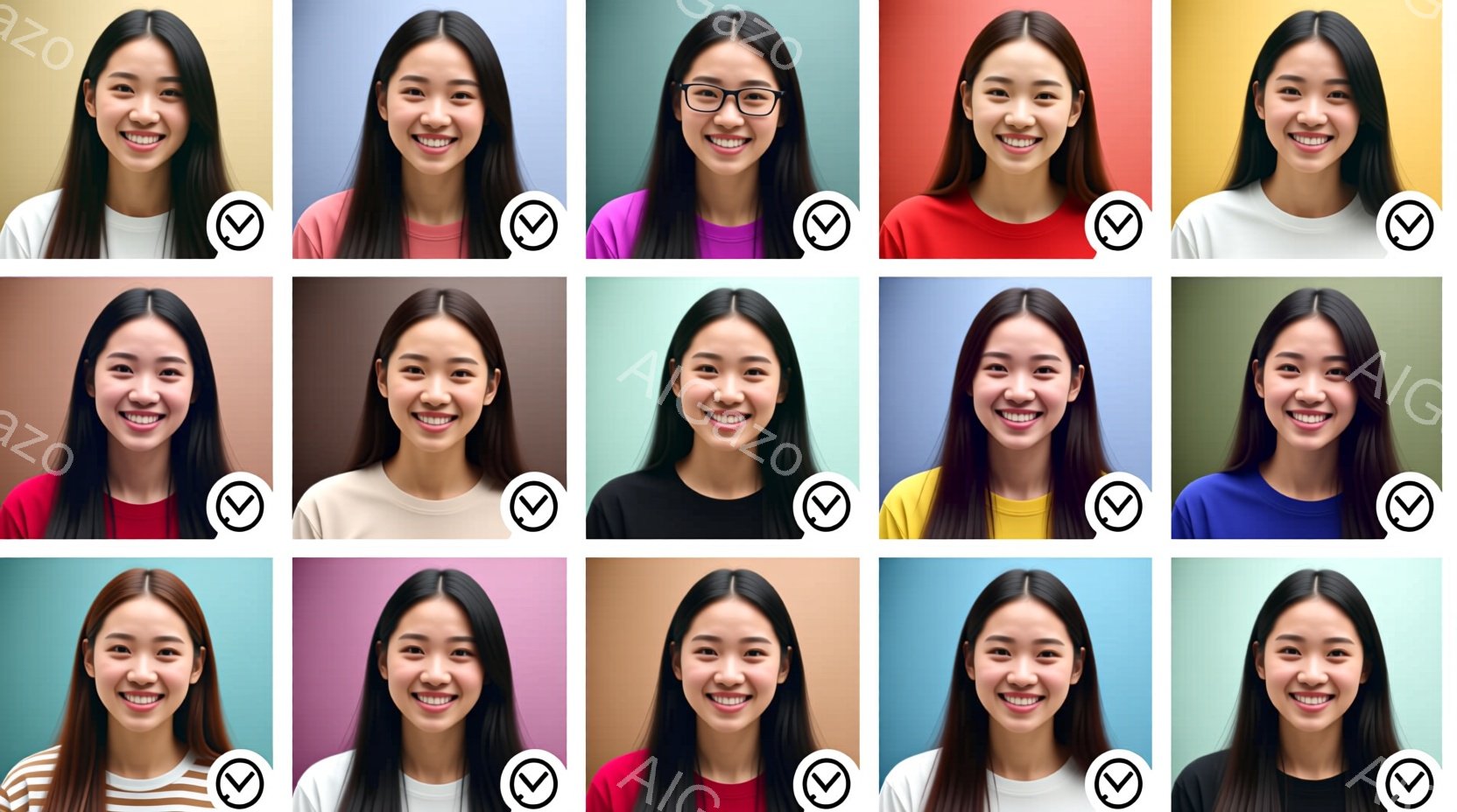 笑顔の女性のポートレートが並んだものです。各女性は異なる色の背景を背景にしており、服装も白や黒、赤、黄、青など、色とりどりです。彼女たちは皆、明るく親しみやすい表情をしています。