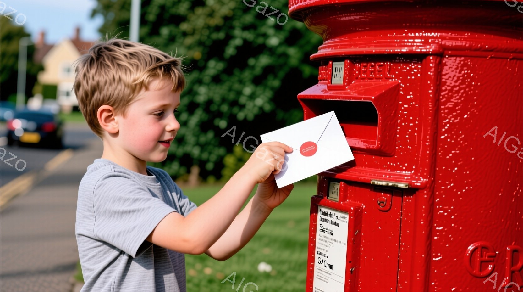 若い少年が赤いポストに手紙を投函しようとしています。彼は灰色のストライプのTシャツを着ており、明るい金髪が少し乱れています。背景には住宅や緑豊かな木々が見え、晴天の下で穏やかな雰囲気が漂っています。