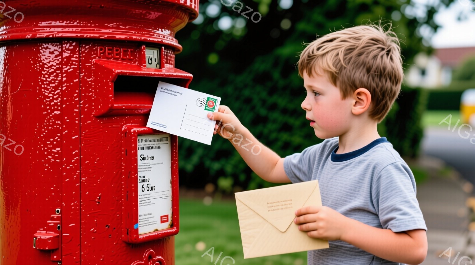 赤いポストに手紙を入れようとしている少年が写っています。少年は青いTシャツと短パンを着ており、明るい金髪をしています。背景には緑豊かな木々と道路が見え、晴れた日の穏やかな雰囲気が伝わってきます。