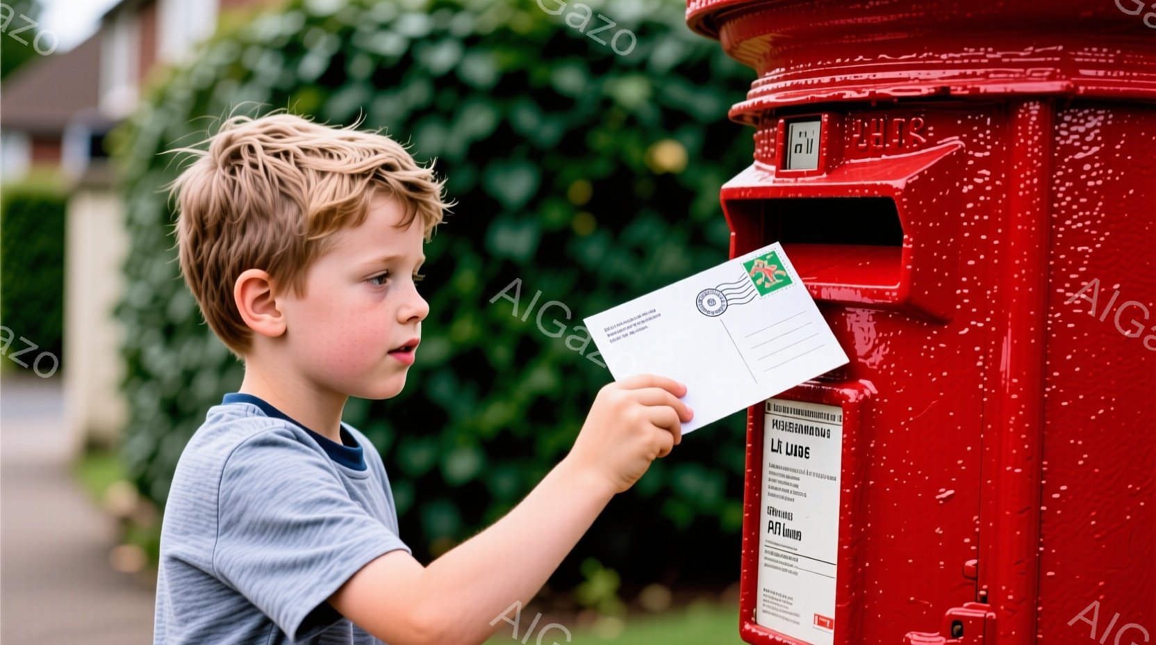 赤い郵便ポストに手紙を入れようとしている少年が写っています。少年は青いストライプのシャツを着ており、ブロンドの髪は短く、やや横に流れています。背景には緑豊かな植物と、ぼやけた建物が見え、晴れた日の穏やかな雰囲気が漂っています。