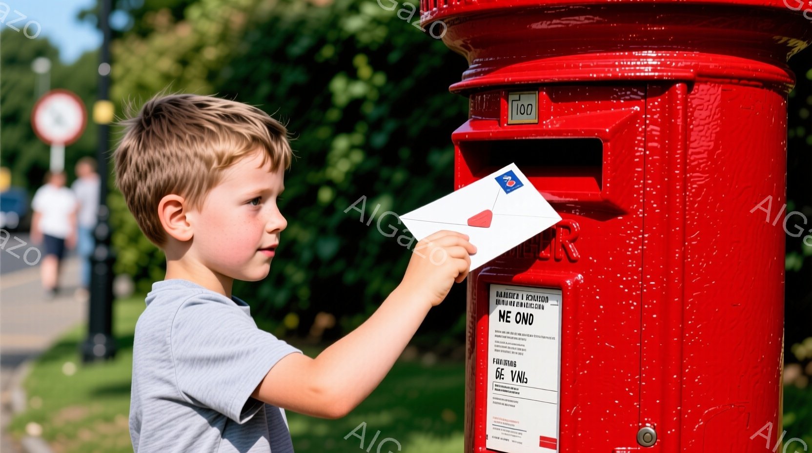 若い少年が赤いポストに手紙を投函しようとしています。少年はグレーのTシャツを着ており、短く刈り込んだ髪で、少し上目遣いをして手紙に集中しています。背景には緑豊かな木々と歩道、そしてぼんやりと見える人々が見え、晴れた日の穏やかな雰囲気が漂っています。