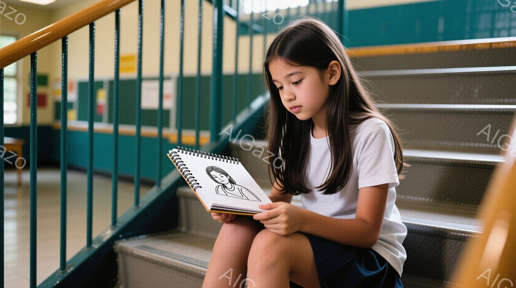 茶髪の少女が階段に座り、スケッチブックを見つめている。白いTシャツと紺色のスカートを着用し、膝を曲げてスケッチブックに集中した表情をしている。背景には金属製の階段の手すりと、わずかに見える壁があり、学校か公共施設の内部のようである。
