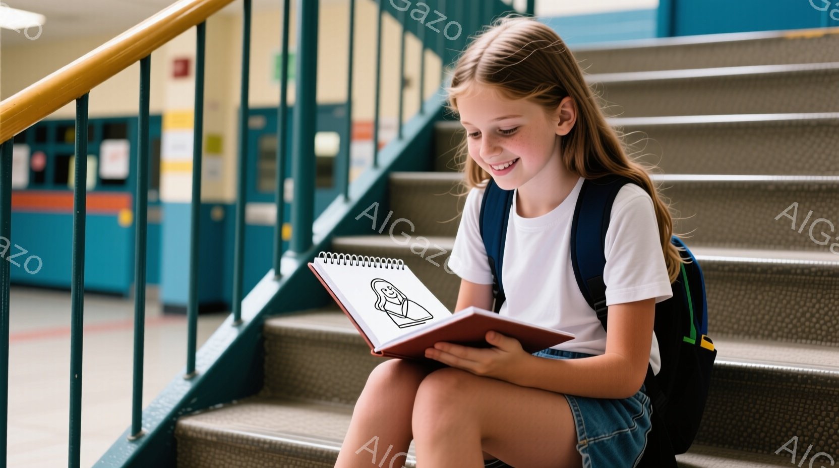 金髪の少女が段差に座り、赤い表紙のスケッチブックを開いて楽しそうに絵を描いている。彼女は白いTシャツとデニムのショートパンツを着ており、リュックサックを背負っている。背景には緑色の手すりと壁があり、学校または公共施設の内部の様子がうかがえる。
