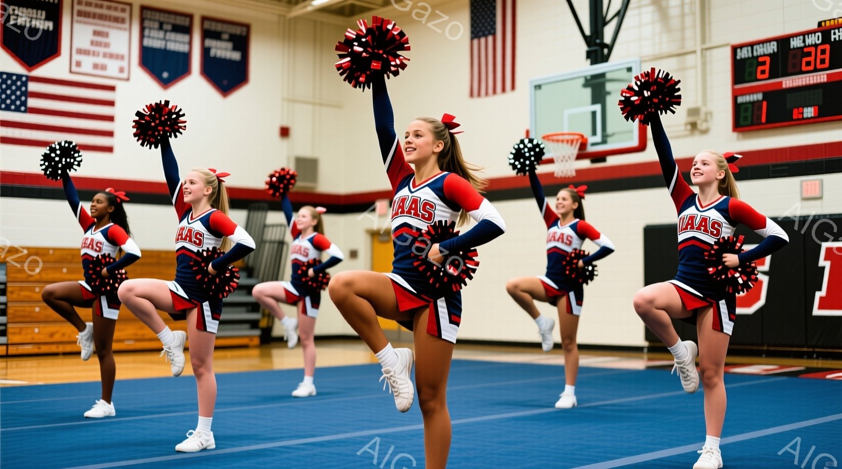 赤い上着、青いスカート、白いスニーカーを着用したチアリーダーが複数写っています。彼女たちは皆、両手を高く上げ、ポンポンを持って笑顔でポーズをとっており、活気に満ちたエネルギーに満ちています。背景には体育館の観客席、アメリカ国旗、そしてスコアボードが見え、競技の熱気を感じさせます。