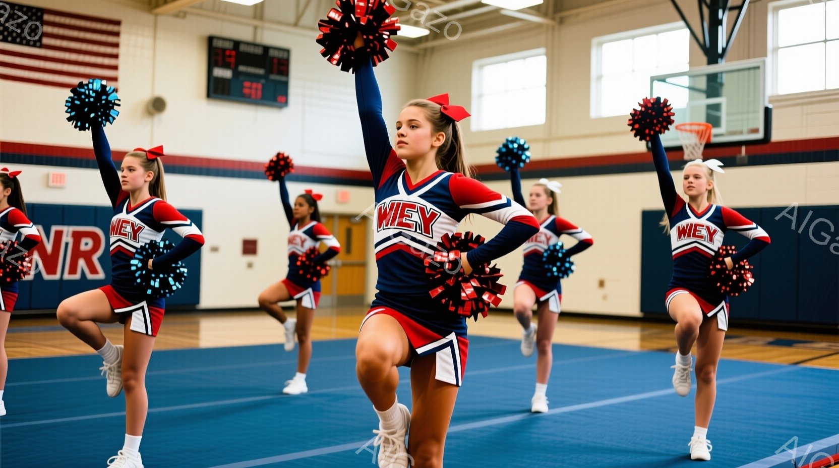 チアリーダーと思われる若い女性たちが、体育館のフロアでパフォーマンスをしている様子が写っている。彼女たちはネイビーと赤の制服を着ており、白いスニーカーを履いている。全員が片手を高く上げ、もう片手を腰に当て、笑顔でポーズをとっている。
