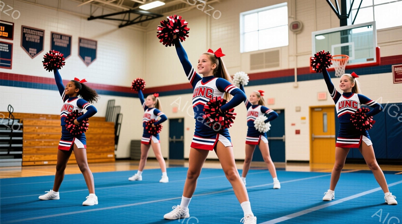 チアリーディングチームの少女たちが体育館でポーズをとっています。紺と白のユニフォームに赤い文字の「KING」と書かれており、白いスニーカーを履いています。彼女たちは腕を高く上げ、ポンポンを振りかざし、笑顔でエネルギッシュな雰囲気です。