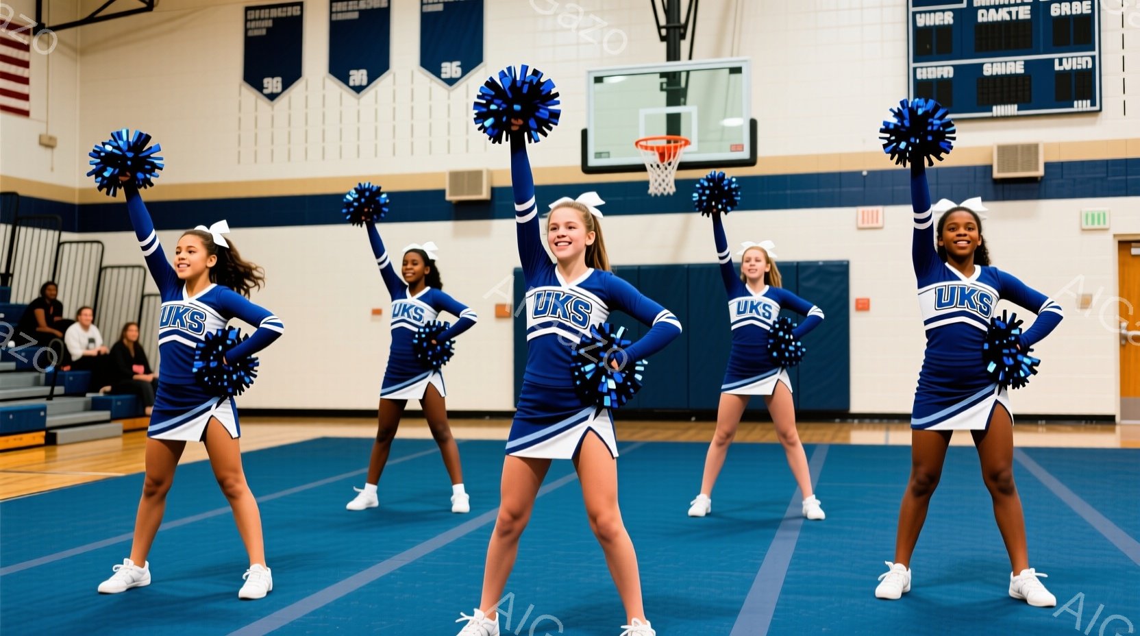 チアリーダーの女性たちが体育館でポーズをとっています。紺色のトップスと短いスカート、白いスニーカーを着用し、髪をポニーテールにしています。彼女たちは皆笑顔で、ポンポンを高く上げて、活気に満ちた雰囲気を作り出しています。