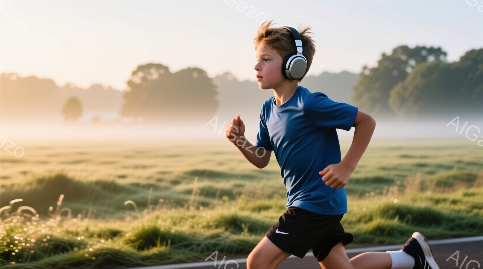若い少年がアスファルトの道路を走り、青いTシャツと黒いショートパンツを着用し、頭にはヘッドホンを付けている。彼の髪は短く、少し乱れており、表情は真剣で集中しているように見える。背景には緑豊かな草地が広がり、朝靄がかかっており、穏やかで爽やかな雰囲気が漂っている。