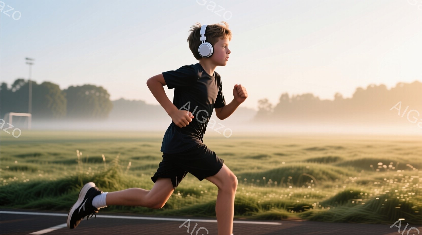 一人の少年がトラックを走っている。黒いTシャツと黒いショートパンツを着用し、白い靴下とスニーカーを履いている。背景には緑豊かな草原と朝靄が広がり、遠くには建物が見え、爽やかな朝の雰囲気を感じさせる。