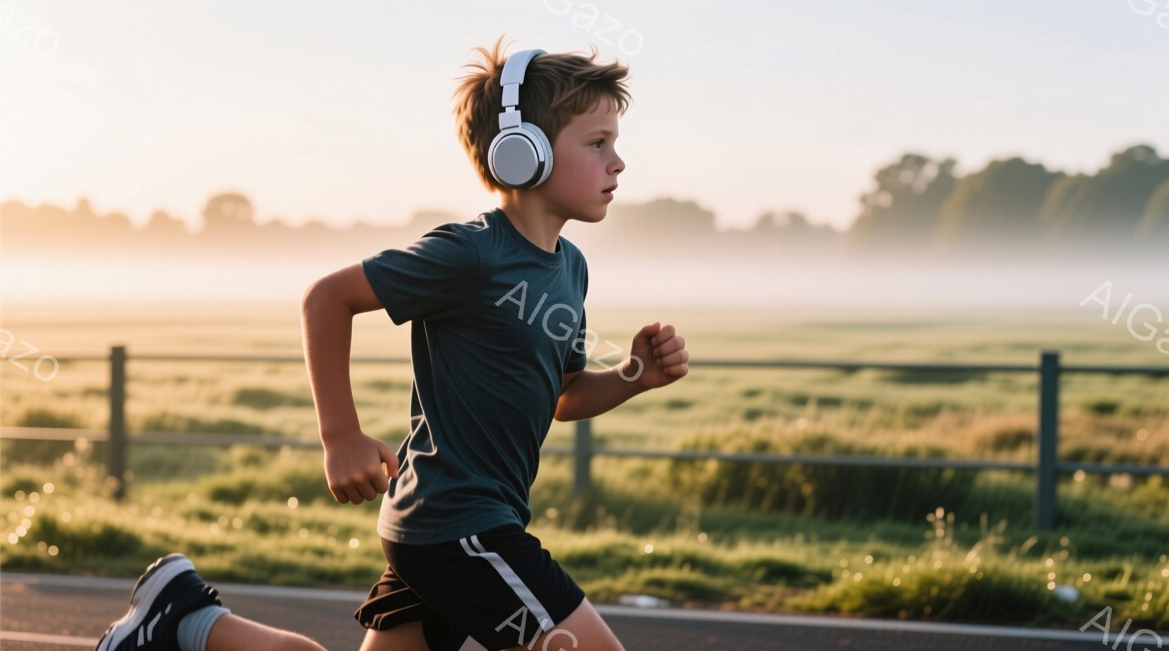 少年はアスファルトの道路を走り、濃いグレーのTシャツと黒のショートパンツ、そして白いヘッドホンを着用しています。彼の髪は短く、顔は真剣な表情で前方を向いています。背景には緑豊かな草原と、朝霧が立ち込める遠くの木々が見え、穏やかで爽やかな朝の雰囲気が漂っています。