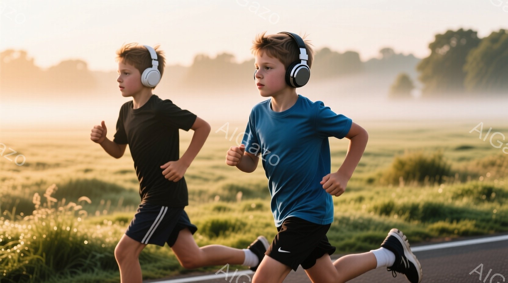二人の少年がアスファルトの道を走っている様子が写っている。彼らはそれぞれ濃い青色と黒色のスポーツウェアを着ており、ヘッドホンを装着している。背景には緑豊かな草地と、朝霧が立ち込める遠くの木々が見え、穏やかで爽やかな朝の雰囲気が漂っている。