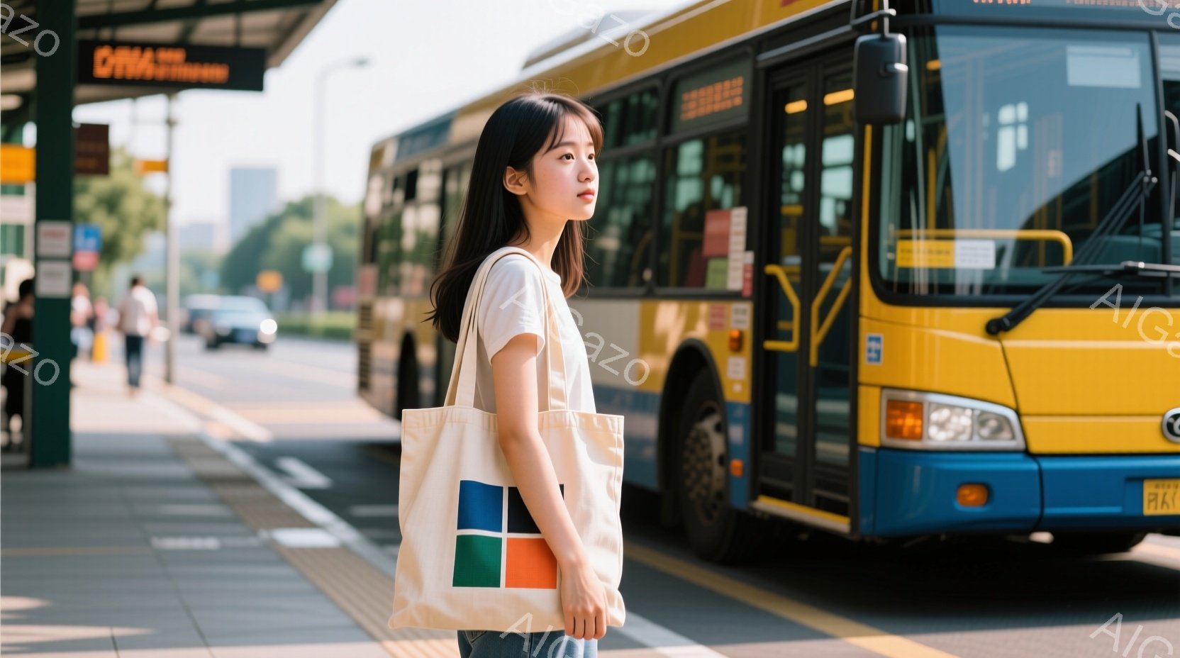 若い女性がバス停で立っており、肩にオフホワイトのトートバッグをかけている。彼女は白いTシャツとジーンズ姿で、髪は肩にかかる長さのストレートヘア、表情はやや物憂げだ。背景には黄色いバスと、ぼやけた建物や緑が見え、晴天で穏やかな雰囲気を感じさせる。
