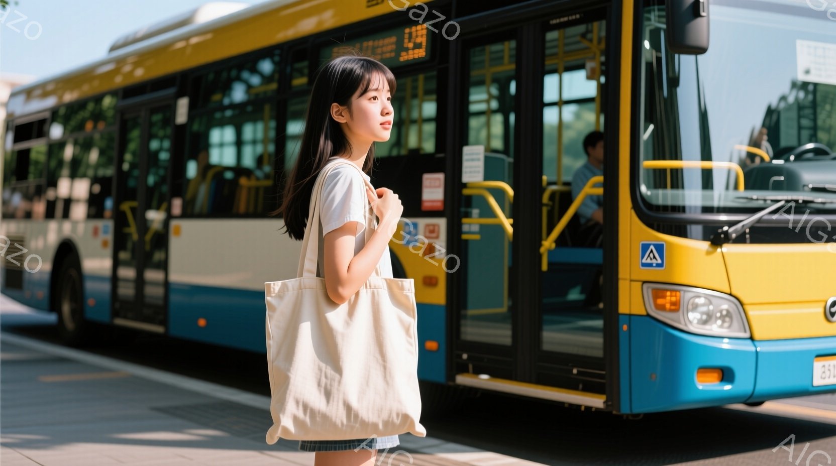 若い女性が、肩にキャンバス地の大きなバッグをかけ、青いショートパンツと白いTシャツを着ています。彼女は少し後ろを振り返り、少し憂いのある表情をしています。背景には黄色いバスが停車しており、バスのドアが開いており、人々が乗り降りしている様子がうかがえます。
