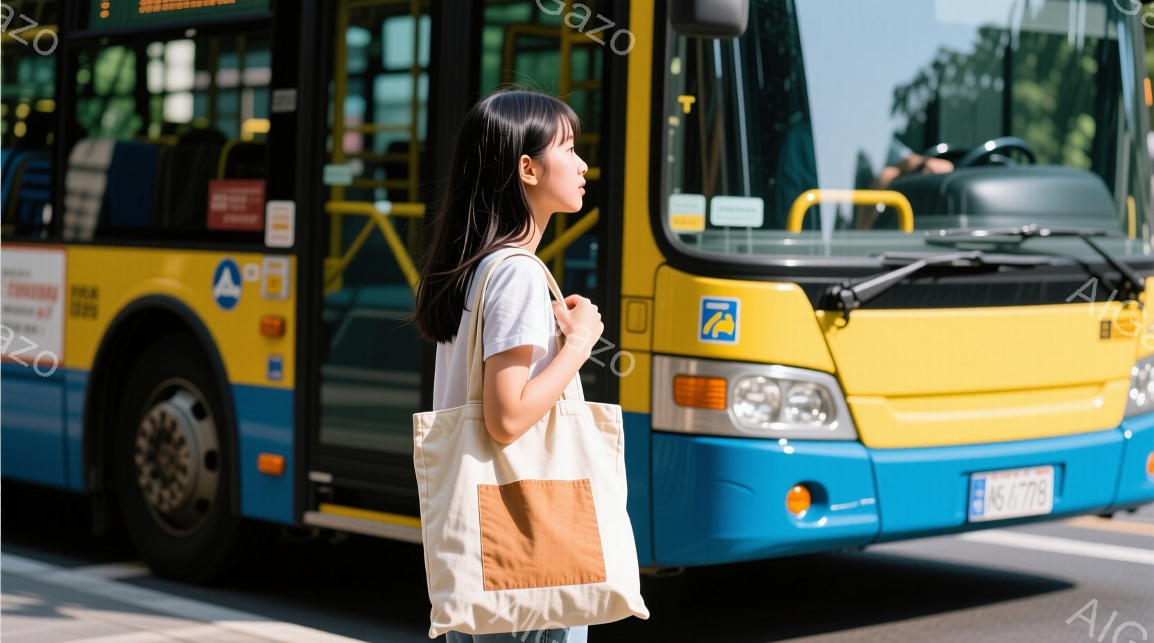 若い女性が青と黄色のバスの横を歩いている。彼女は白いTシャツとジーンズを着用し、肩にトートバッグをかけている。背景には日差しの強い晴天で、バスの側面が明るく照らされている。