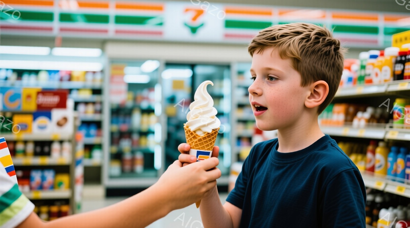 茶髪の少年がソフトクリームを受け取ろうとしており、嬉しそうな表情をしています。青いTシャツを着ており、背景にはコンビニエンスストアの棚が並び、様々な商品が陳列されています。全体的に明るく、楽しい雰囲気が漂っています。