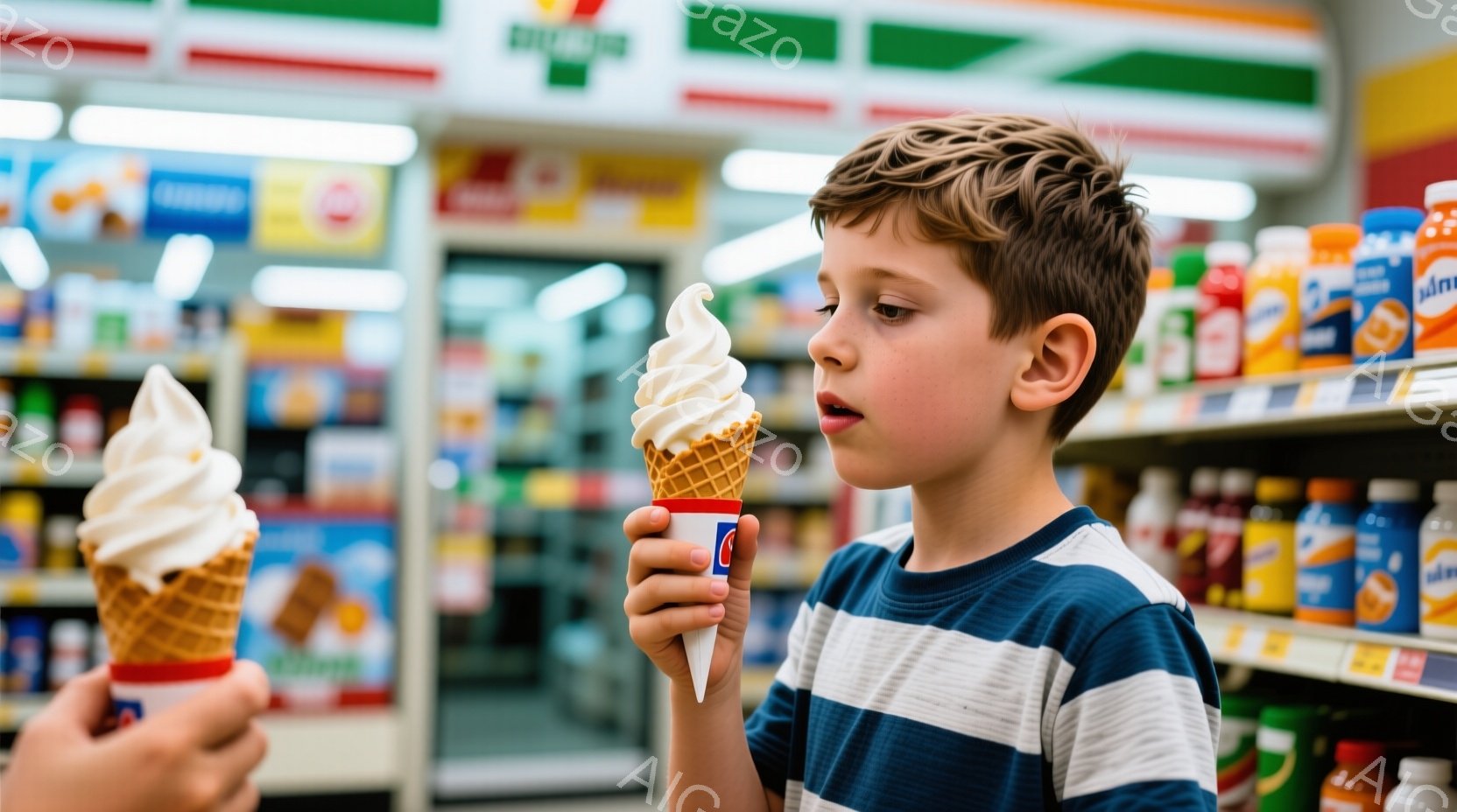 小さな少年がソフトクリームを手に持っており、少し口を開けて楽しんでいる様子が伺える。ボーイッシュなヘアスタイルで、青と白の縞模様のシャツを着ている。背景にはコンビニエンスストアの棚があり、様々な飲み物が並んでいる、全体的に明るく、軽快な雰囲気が漂っている。